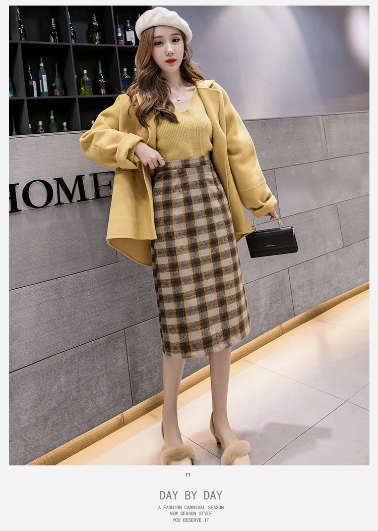 Office Lady Autumn Winter Elegant Warm Wool Midi Skirt Korea Style Women Plaid Casual Hight Waist Slim Back Slit Pencil Skirts