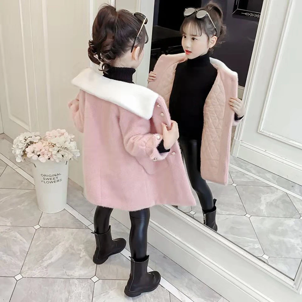 Fashion New Wool Kids Girls Jackets Turn-down Collar Coat Autumn Winter Children Clothes Thick Girls Outerwear For 3-12
