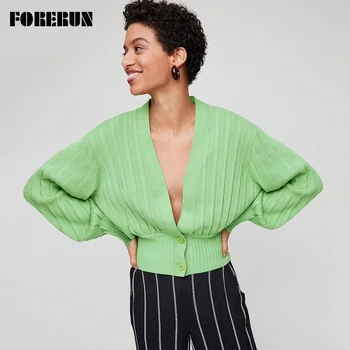 

FORERUN Knitted Cardigan Sweater Lantern Sleeve Deep V Neck Casual Sweaters White Green Autumn Winter Fashion Streetwear Mujer