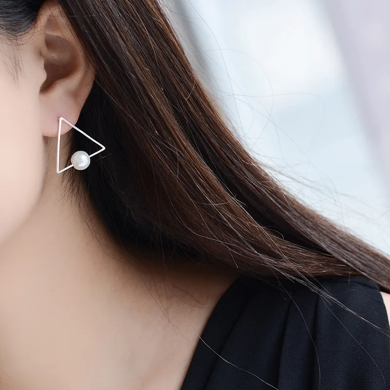 Europe and the United States retro earrings minimal triangle pearl fashion temperament wild silver wholesale | Украшения и