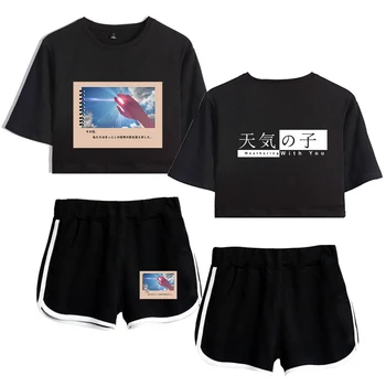 

Weathering with you print cool 2 Pic Set T-shirt Short Pants Fashion Basic high Street casual Popular hip hopWomen Summer