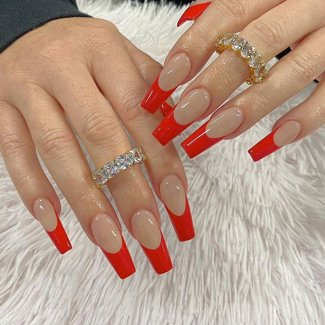 False Nails Press On Red French Fake Nail Tip Full Cover Fake Nails DIY Manicure Nail Art Tools Long Ballerina