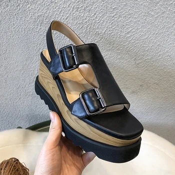 

Women's genuine leather wedge platform sandals double metal buckle summer female comfortable sandalais thick sole punk shoes hot