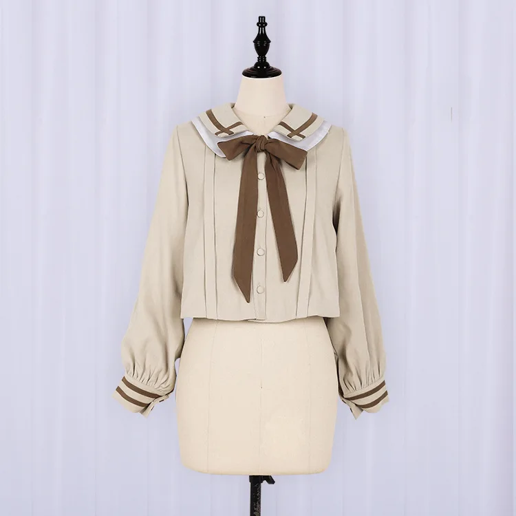Apricot tops Форма для школьников Топ Лолиты рубашка и юбка комплект Kawaii девушки милый галстук Косплей костюмы с длинным рукавом набор блуз - Цвет: Apricot tops