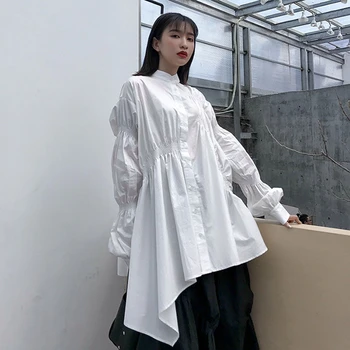 

DEAT 2020 new spring fashion women clothing turn-down collar lantern sleeves single breasted asymmetrical cotton dress WD92400