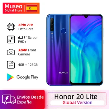 Перейти на Алиэкспресс и купить Глобальная версия смартфона Honor 20 Lite, 4 Гб 128 ГБ, Kirin 710, Восьмиядерный, передний, 32MP, Face ID, 24MP