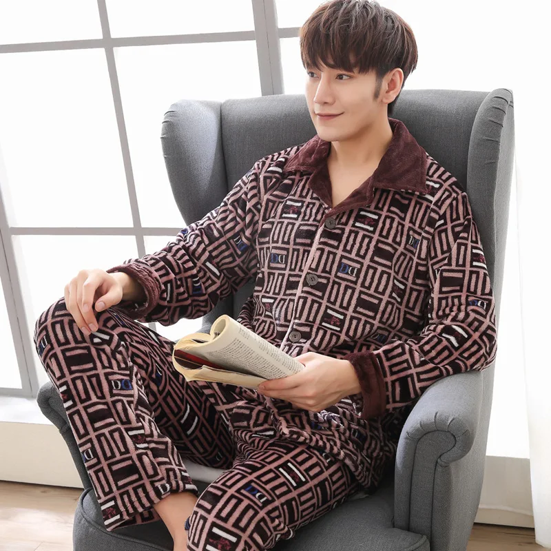 

Autumn And Winter Coral Velvet Pajamas Men Winter Long Sleeve Warm Thick plus Velvet Flannel Homewear Set 4136
