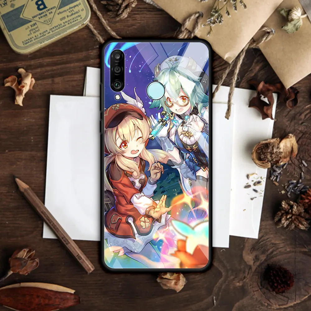 Glass Case for Huawei P30 Lite P40 Pro P Smart Z P20 Y7 Y9 Tempered Coque Y9a Honor 9X 20 Smartphone Housing Genshin Impact Cute