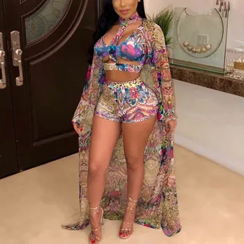 

Sexy 3 Piece Matching Suit Set Short Floral Print Sexy Crop Top And Shorts Long Cardigan Women Boho Beach Three Piece Set