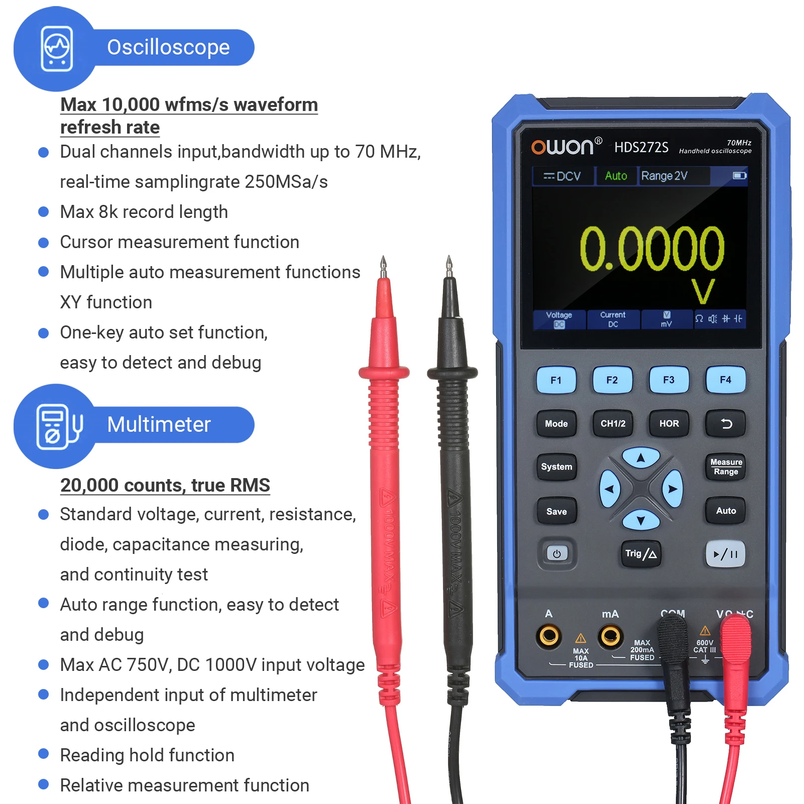 Owon-電子オシロスコープHds272,3-in-1,デジタルオシロスコープ,2ch usb tiec 40/70mhz 3.5 LCDテストメーター