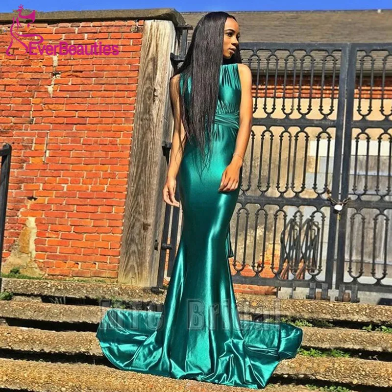 

Shiny Green Satin Mermaid Prom Dresses Long Formal Gown V Neck Floor Length Girl Graduation Dress Robe De Soiree