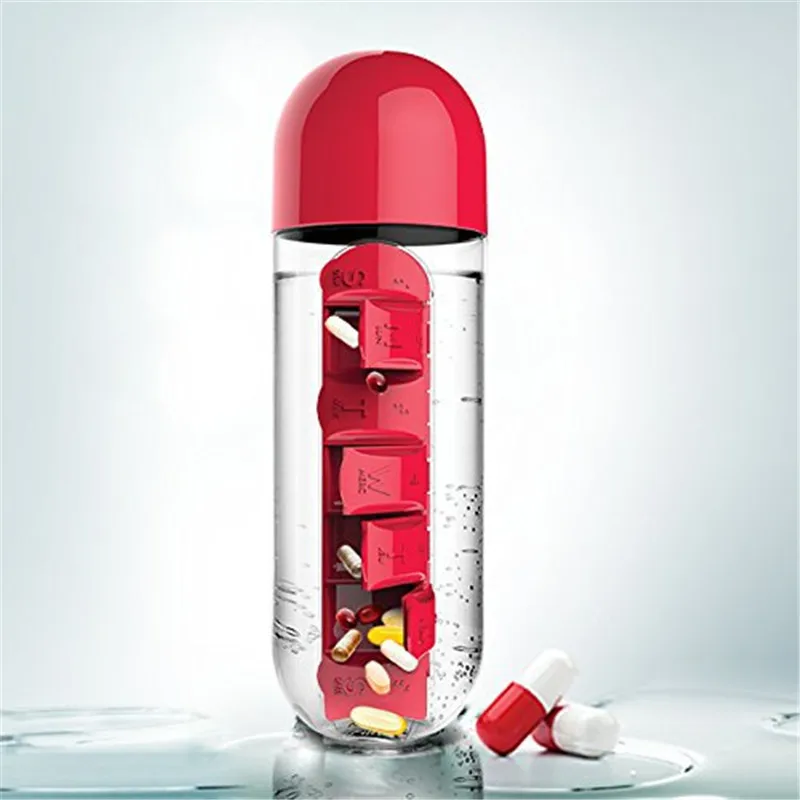 Семидневный чехол для таблеток, 600 мл, Спортивная бутылка для воды, пластиковая Удобная с ежедневной коробкой для таблеток, органайзер, чашка для питья, туризма - Цвет: Red