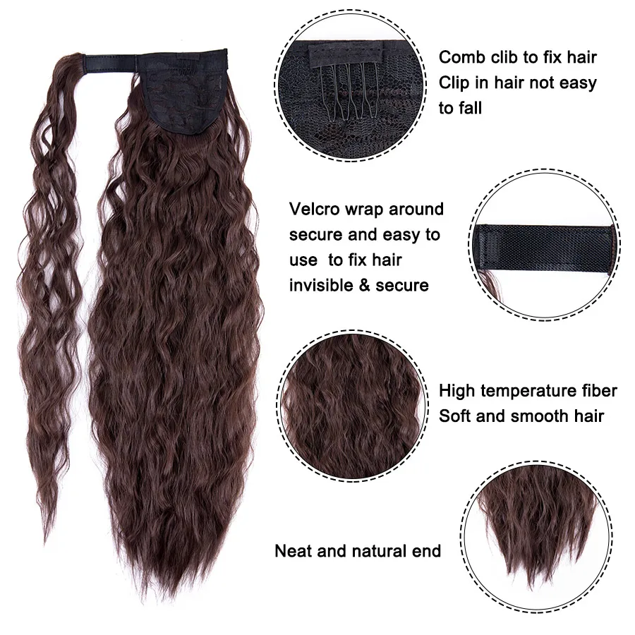 Leeons 20'' Synthetic Ponytail Hair pieces Heat Resistant Fiber Straight Ribbon Clip In Hair Extension 21 colors Brown Black