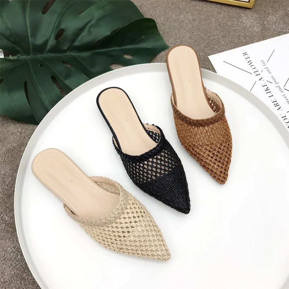 En oferta Zapatillas de tacón bajo puntiagudas para mujer, sandalias tejidas de ratán con caña, zapatos de playa, calzado plano pantuflas, 2021 9YaLQVeoEg5