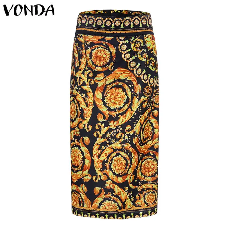 Yellow Spends Женская юбка VONDA, летняя, элегантная, офисная, повседневная, с цветочным принтом, миди, юбки с высокой талией, сексуальная, бодикон, большие S-5XL - Цвет: Yellow Spends