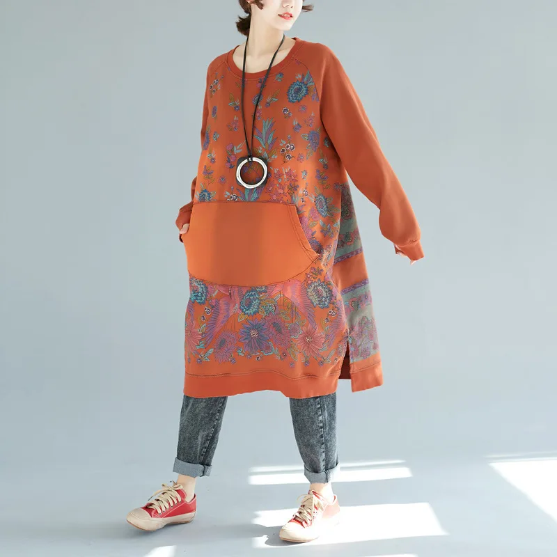 

Baggy Long Pullovers Japan style Printed Dress Female Cute Plus Size Bat Sleeve Dress Oversized Patchwork Big pocket Long Robe