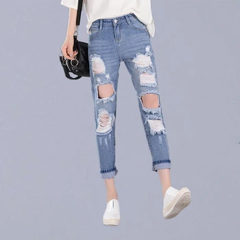 

High Waist Ripped Jeans For Women New Fashion Korean Boyfriend Jeans Pants Female Casual Deinm Pencil Pants With Hole P123