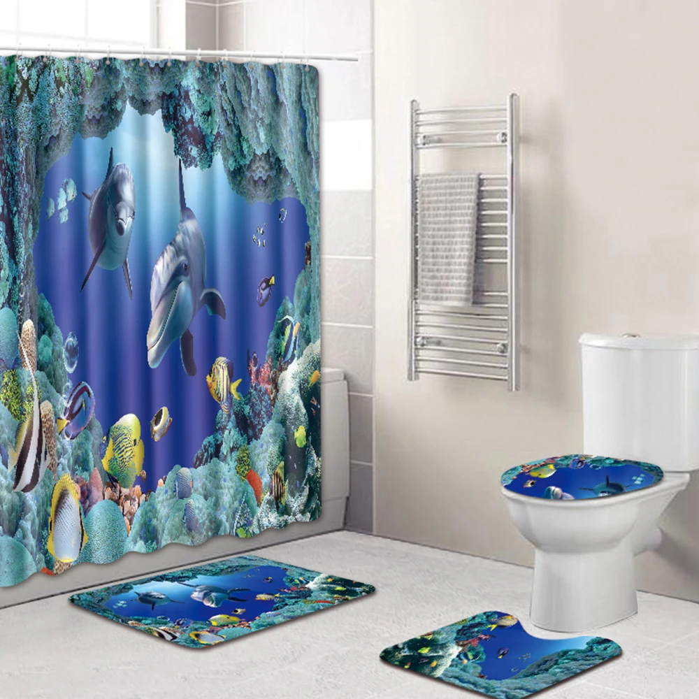 

Bathroom Shower Curtain Set Bathroom Decoration Water-resistant Shower Curtain Non-slip Pedestal Rug Lid Toilet Cover Set