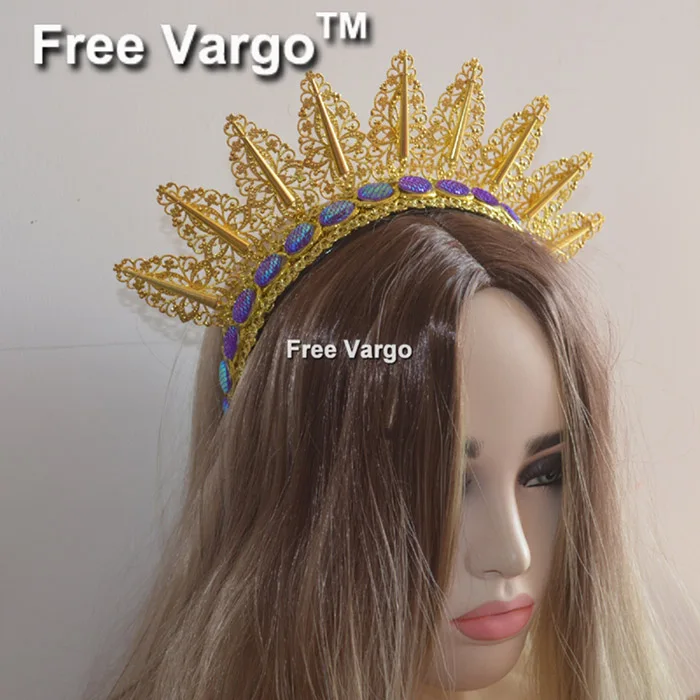 Holographic Burning Man Gold Bridal Tiara Headdress Crown Spiked Head Pieces Rave Stage Dancer Dj Singer Wear Hat Costumes - Цвет: Золотой