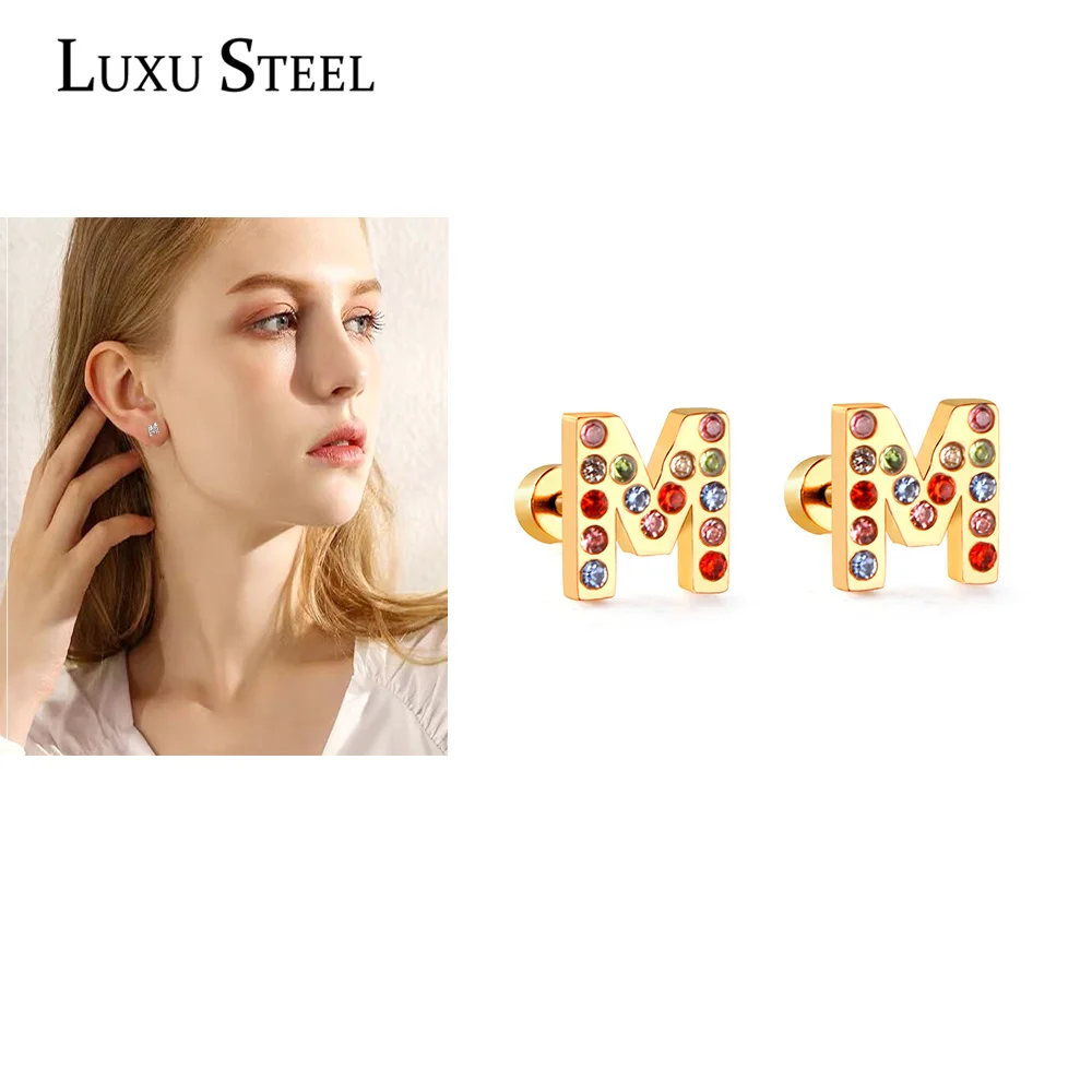 Gold Plated CZ Initial Letter A-Z Stud Earrings Crystal Alphabet