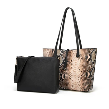 

Vintage Women Shoulder Bag Large Capacity Ladies Handbag 2 In 1 PU Leather Snakeskin Tote Bag with Small Crossbody Messenger Bag