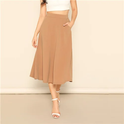 Camel COLROVIE Solid Slant Pocket Swing Skirt Women High Waist Casual Long Skirt Autumn Fashion Elegant A Line Ladies Midi Skirts - Цвет: Camel