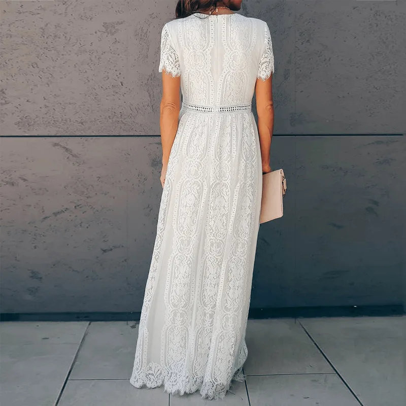 Ordifree/ летнее женское Макси платье с коротким рукавом, белое кружевное длинное пляжное платье, праздничная одежда