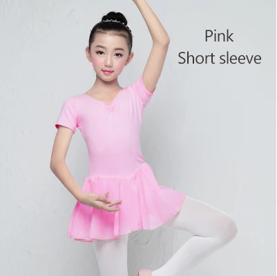 Pink Short Sleeve Детское балетное трико с длинными/короткими рукавами для девочек, детское хлопковое танцевальное платье для тренировок, шифоновое платье с юбкой - Цвет: Pink Short Sleeve