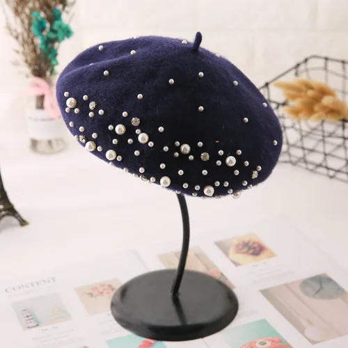 autumn wool beret Han version of the tide hundred to tie the literary painter hat British reni-ray hat pearl pumpkin hat - Цвет: Черный