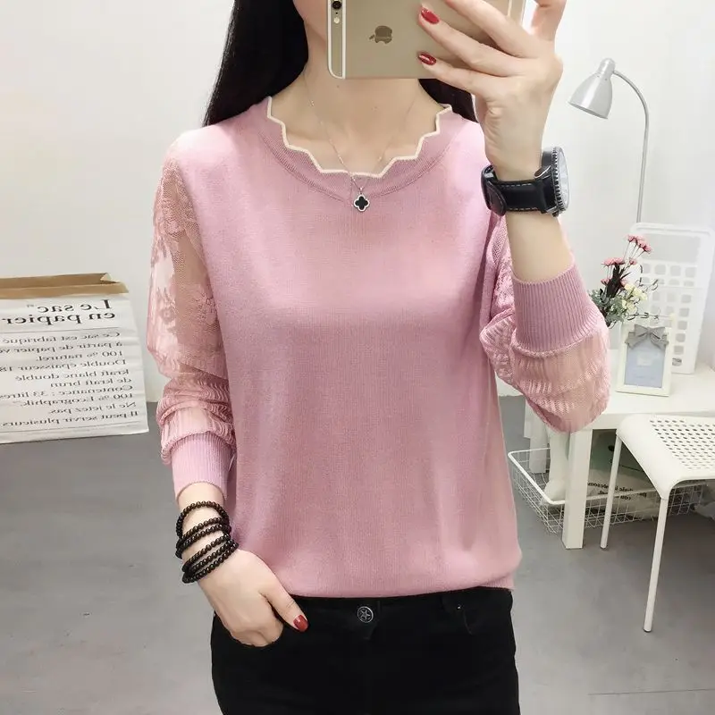OHCLOTHING, новинка, кружевной свитер, Женская Нижняя блуза с длинным рукавом, свободная Весенняя НОВАЯ тонкая трикотажная блузка, трендовая блузка