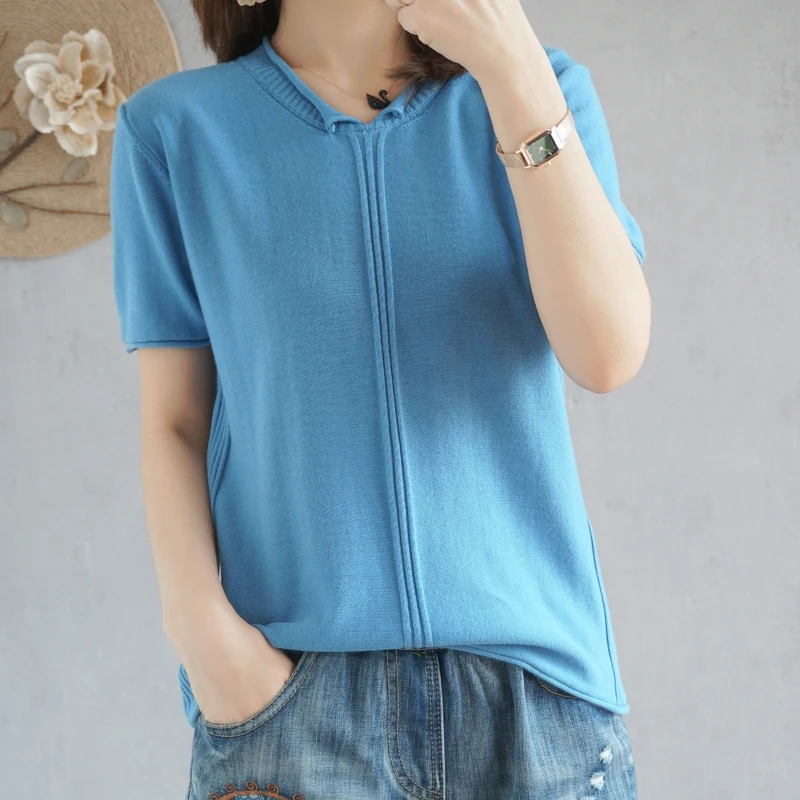 2020 Hot Women Summer 100% Cotton T-shirts Tops Womens Fashion V-neck Short Sleeve Knit Pullover Soft Comfortable Beach | Женская одежда