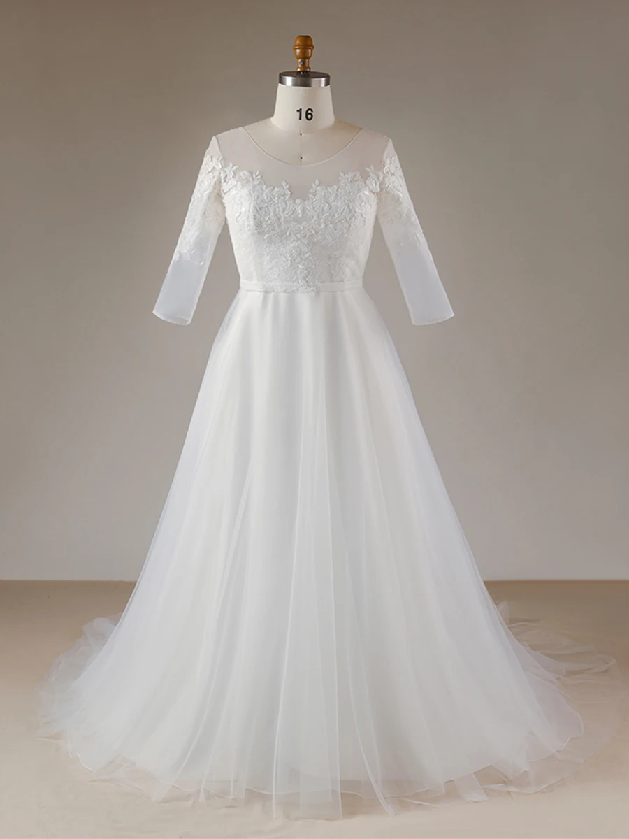 Свадебное платье размера плюс с круглым вырезом Свадебное платье T449 Vestido De Novia белое Элегантное свадебное платье с вышивкой