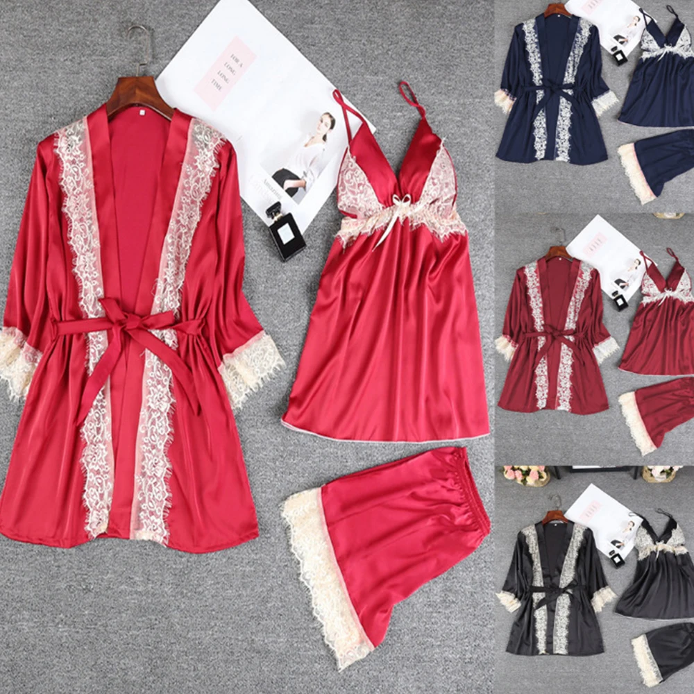 Кружевные женские пижамы шелковистые 3 шт ремень жилет шорты халат дамское