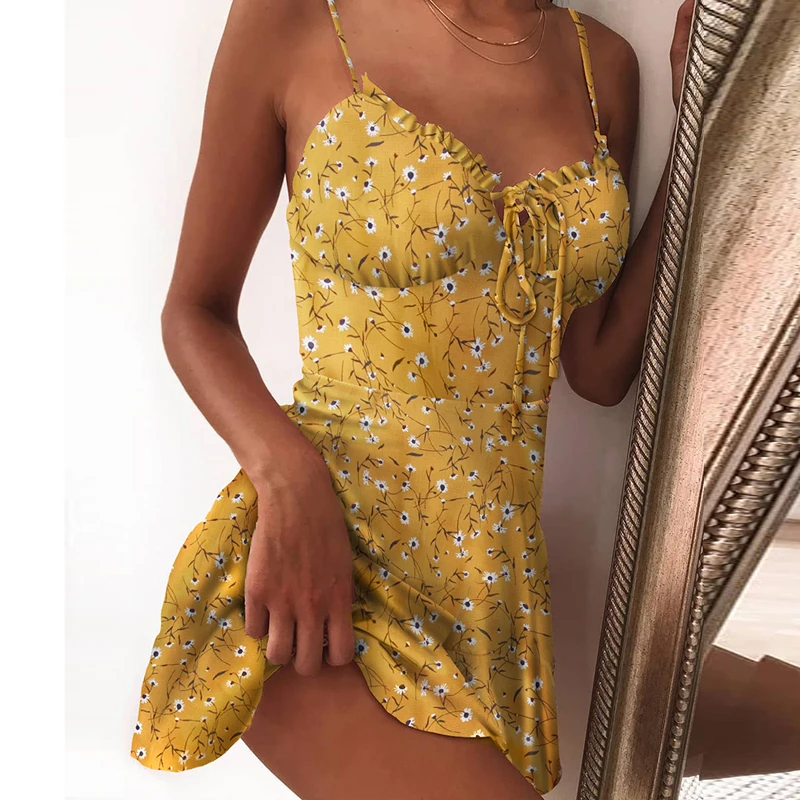 Summer Tie Front V Neck Elegant Sexy Floral Print Mini Dress Women Off Shoulder Ruffle Party Dress Femme Backless A-Line Dresses