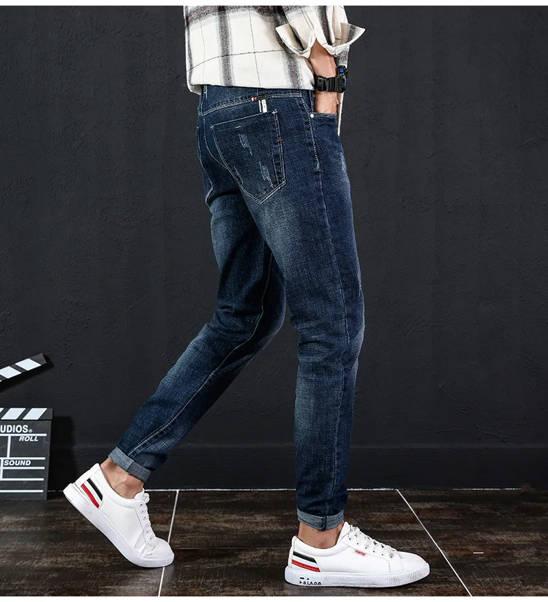 Осень и зима стиль джинсы мужские корейский стиль Slim Fit тренд Молодежные мужские зауженные повседневные брюки эластичные ковбойские длинные брюки