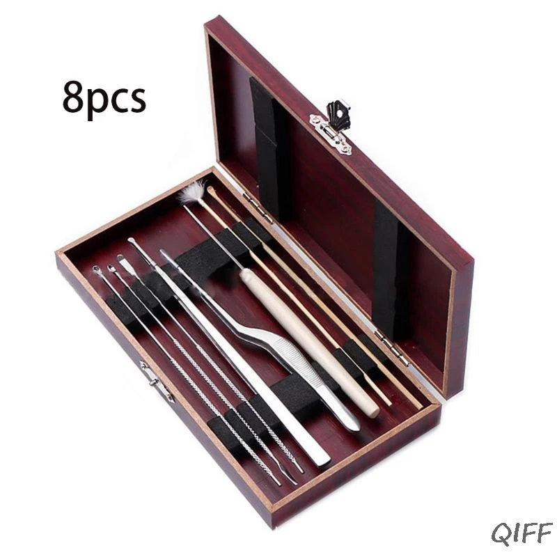 

Ear Picking Tools 8 Pcs Set Advanced Professional Ear Picking Tools Goose Feather Stick Wooden Box