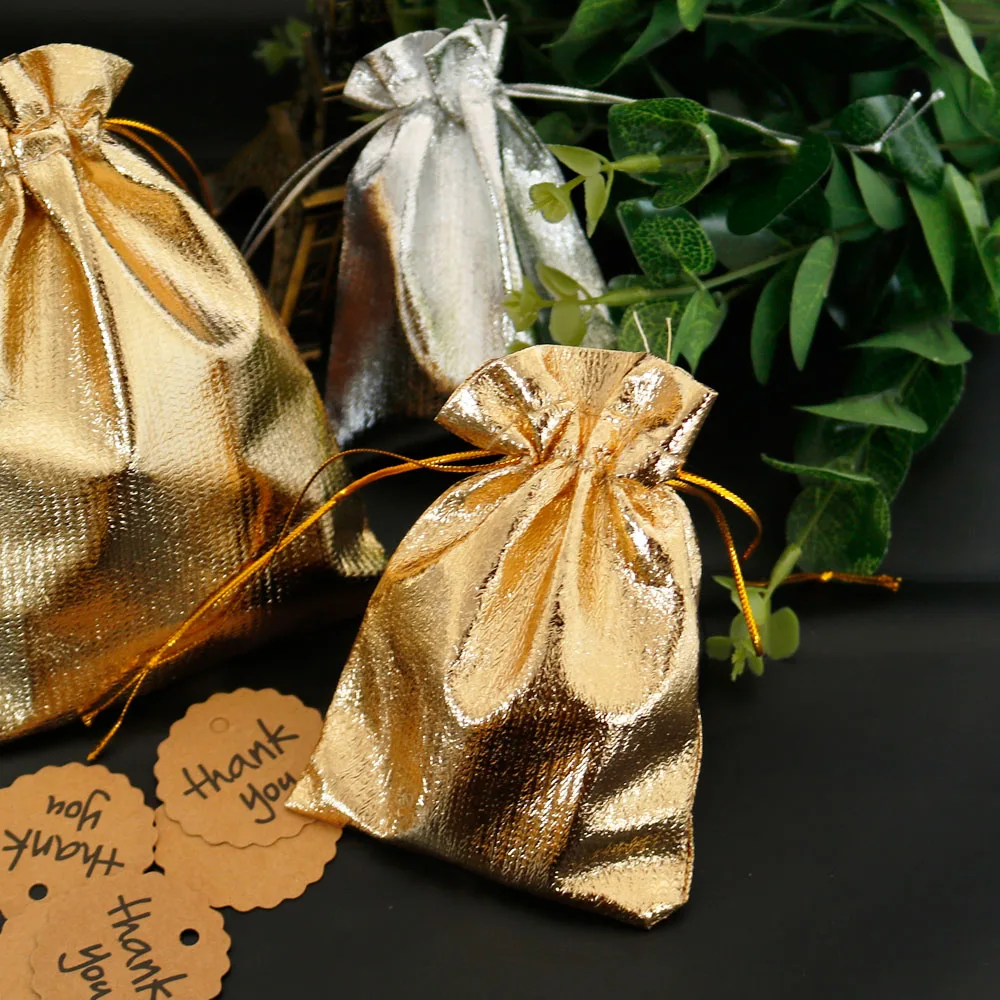 100 шт Подарочная сумка золотого и серебряного цвета, сумка для упаковки ювелирных изделий, свадебные украшения, сумки для подарков