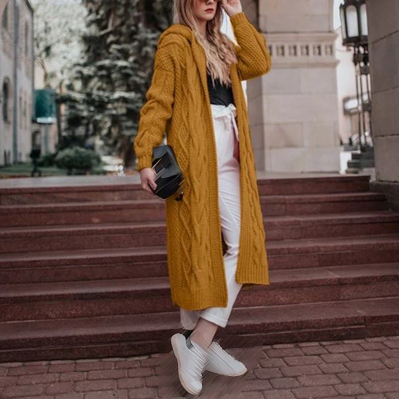 

Jumpers Women Hooded Knitwear Autumn Winter Long Knitting Coat Sweater Leisure Long Sleeve Solid Color Warm Pockets Long Coats