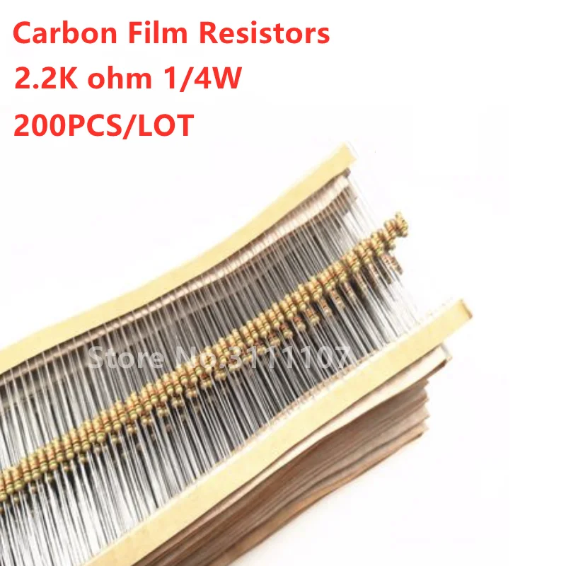 

200PCS/LOT 2.2K ohm 1/4W Carbon Film Resistors 5% Error 2K2 Ohm 2.2KR Color Ring Resistance