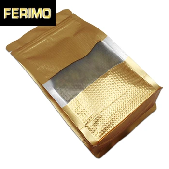

300Pcs/Lot Resealable Side Gusset Food Storage Pack Pouch Stand Up Gold with Lines Mylar Foil Clear Window Organ Bag Zipper Seal
