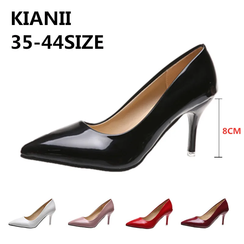 

KIANII 8CM High Thin Heels for women's Office Lady Working female pumps Solid color PU Shallow Pointed Toe shoes 35-44size