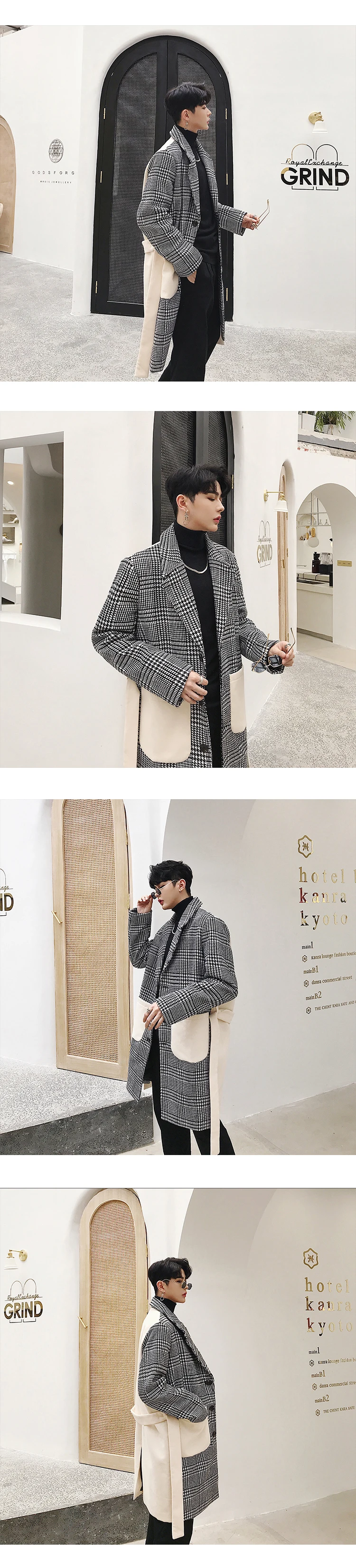 Wool Blend Patchwork Plaid High Waist Belt Sashes Slim Pocket Long Coat Winter Korean Overcoat Man Women Trench Chaqueta Fashion