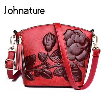 

Johnature Chinese Style Women Bag 2020 New Handmade Embossed Tassel Leather Shoulder Bags Fashion Luxury Floral Messenger Bag