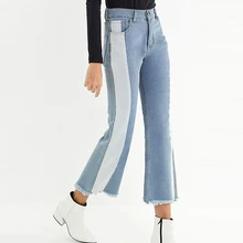 Джинсы женские уличная стиль джинсовые расклешенные брюки с кисточками отбеленные из сшитых лоскутов хлопковые со средней посадкой Новинка