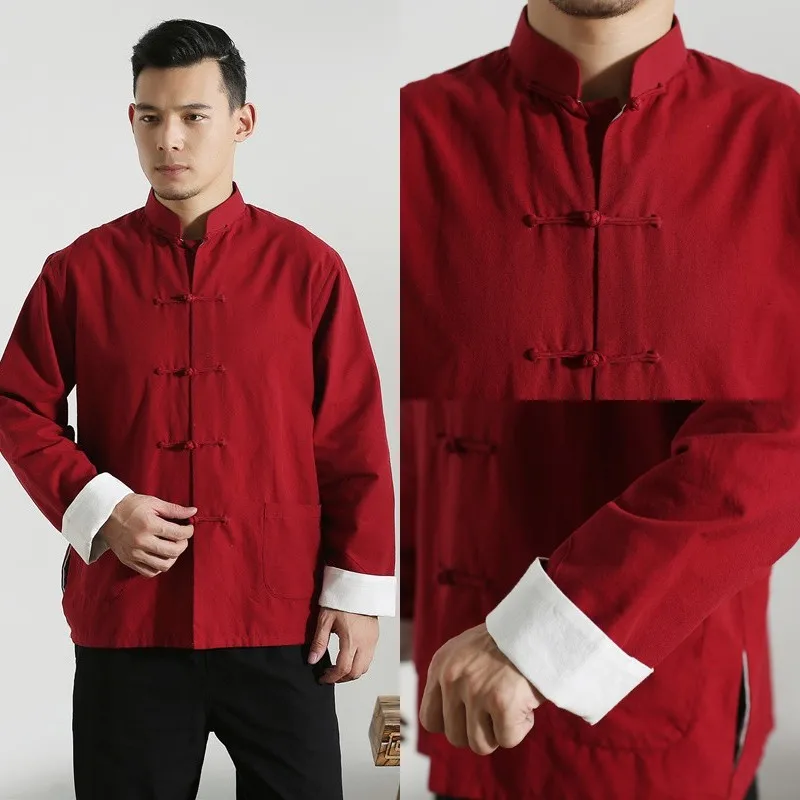 Red 100% Cotton Men's Solid Traditional Chinese Kung Fu Jacket Coat Tai Chi Uniform Double deck Long Sleeve Shirt t shirt homm 6