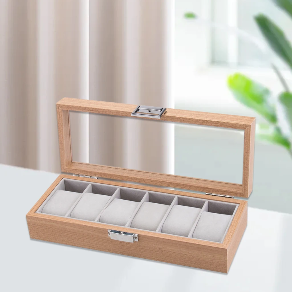 6 Slots Watch Display Case Wooden Glass Top Jewelry Storage Organizer Box