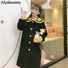 Японский консервативный стиль, зимнее женское длинное теплое пальто, воротник Питер Пэн, черная, негабаритная, толстая верхняя одежда, милое, кавайное, элегантное пальто