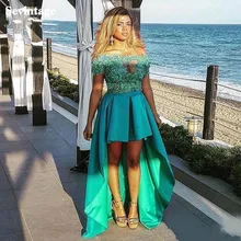 

Sevintage Short Front Long Back Satin Prom Dress Short Sleeves Appliques Lace Homecomning Gowns 2020 Special Occasion Dresses