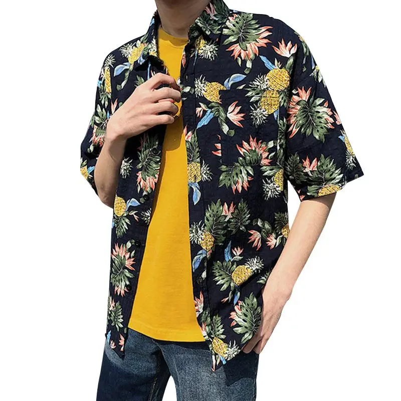 Men Fashion Summer Shirts Leaves Flower Pineapple Print Loose Short Sleeve Shirt Male Hawaiian Style Beach Shirt x - Цвет: Синий
