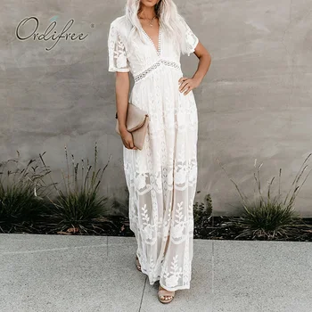 Ordifree 2021 Summer Boho Women Maxi Dress Loose Embroidery White Lace Long Tunic Beach Dress Vacation Holiday Clothes 2